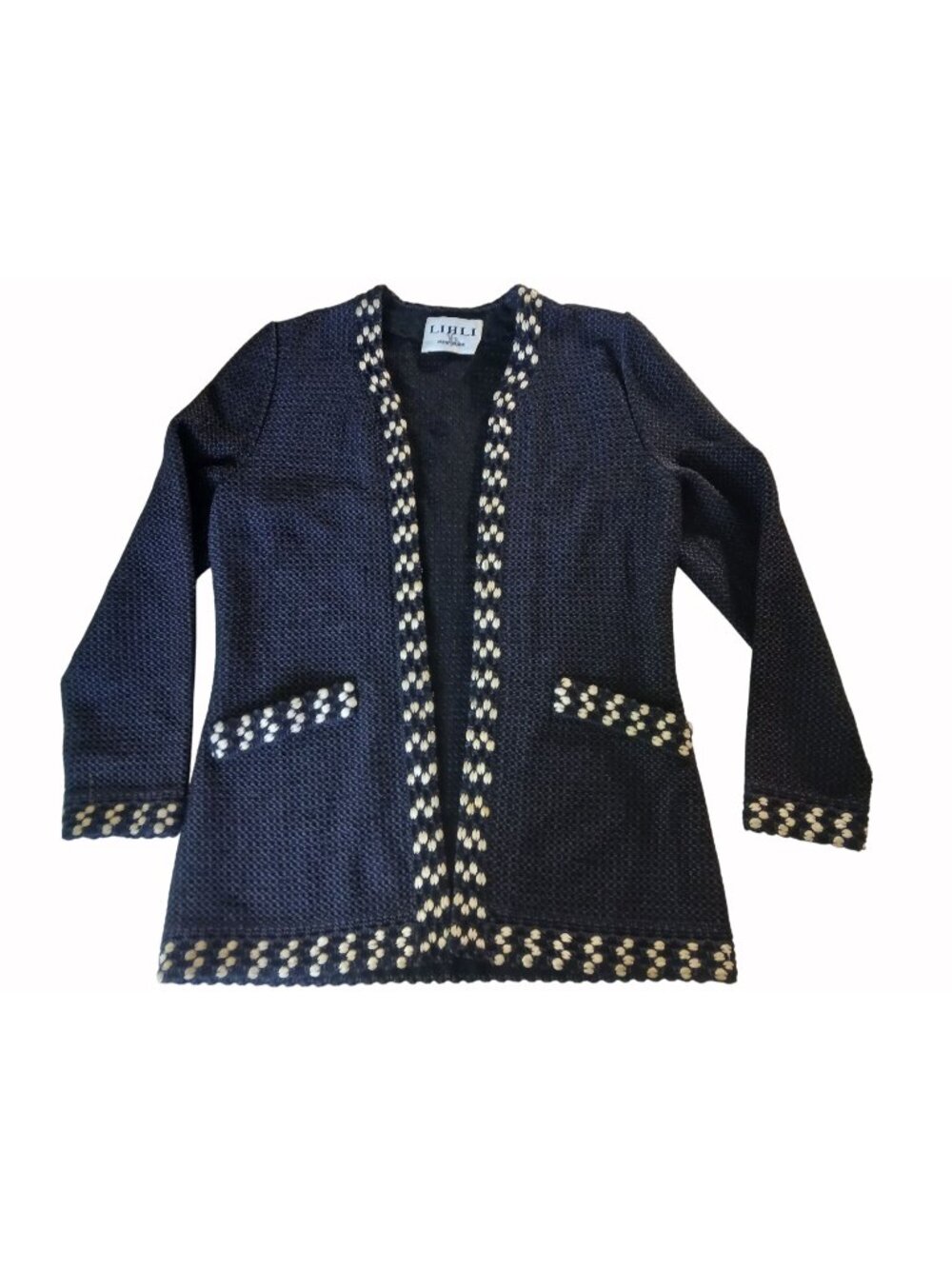 Vintage 90s Lihli New York Womens Open Black Knit Cardigan Size 8 Minimalist